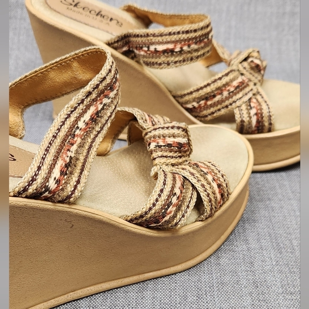 Vintage Skechers High 4 Inch Wedged Slip On Sandals Tan & Brown USA Made. 7 - Picture 8 of 9
